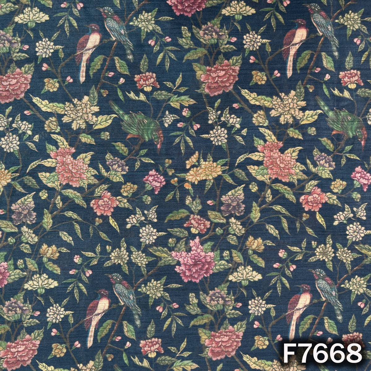 Navy blue Monga silk fabric with intricate floral and bird motifs