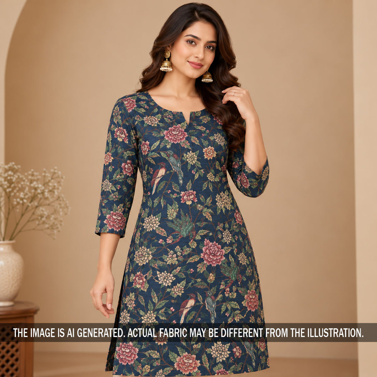 Navy blue printed Pure Monga silk kurti styled on model