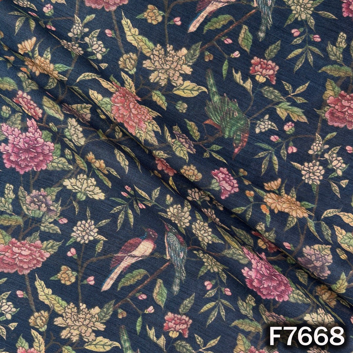 Draped navy blue Pure Monga silk with colorful botanical and bird print