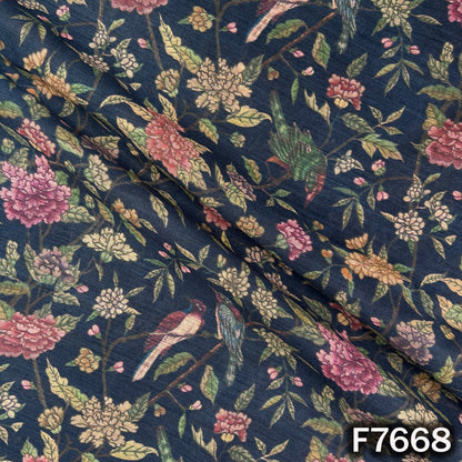 Draped navy blue Pure Monga silk with colorful botanical and bird print