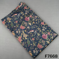Navy blue Pure Monga silk fabric with multicolor floral and bird print