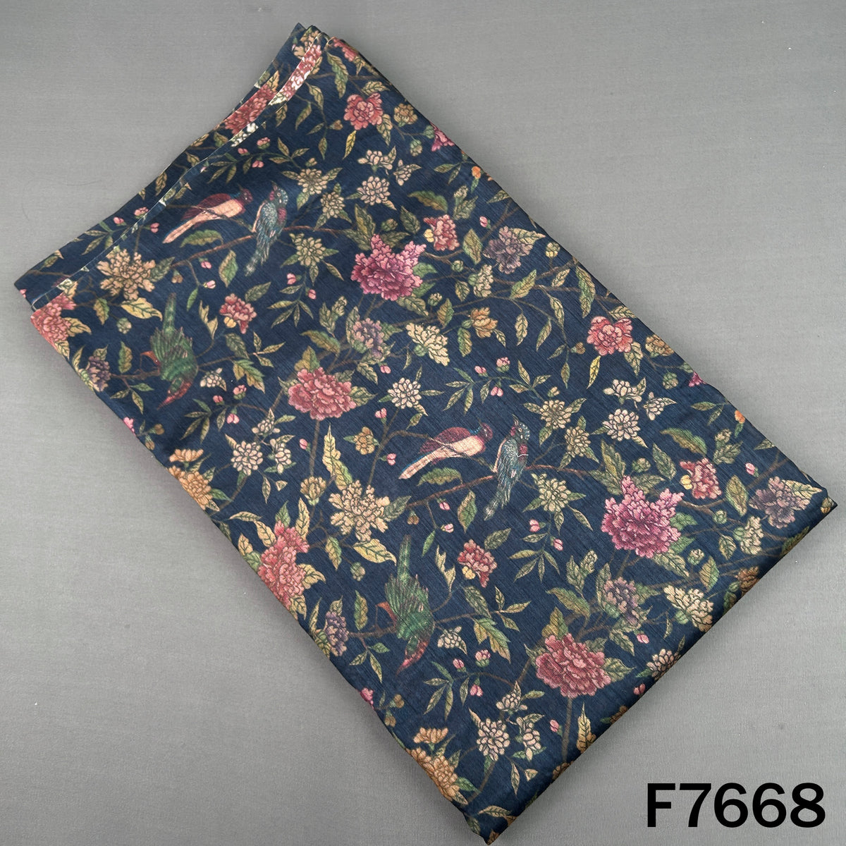 Navy blue Pure Monga silk fabric with multicolor floral and bird print