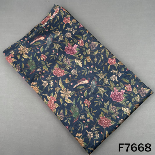 Navy blue Pure Monga silk fabric with multicolor floral and bird print