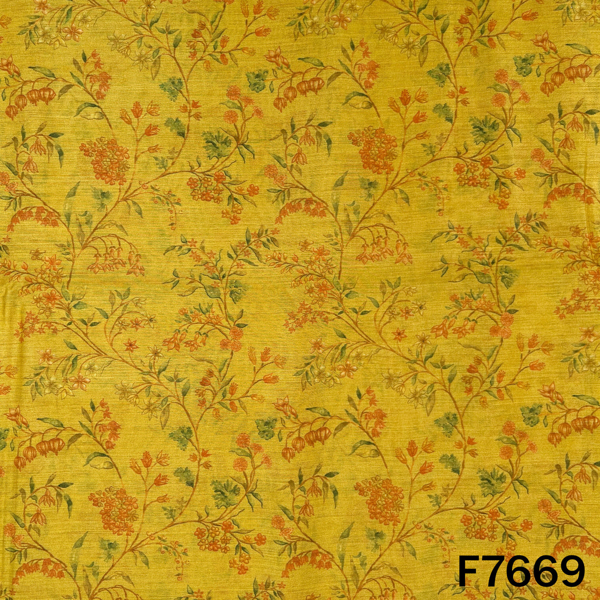 Yellow Monga silk fabric with small multicolor floral motifs