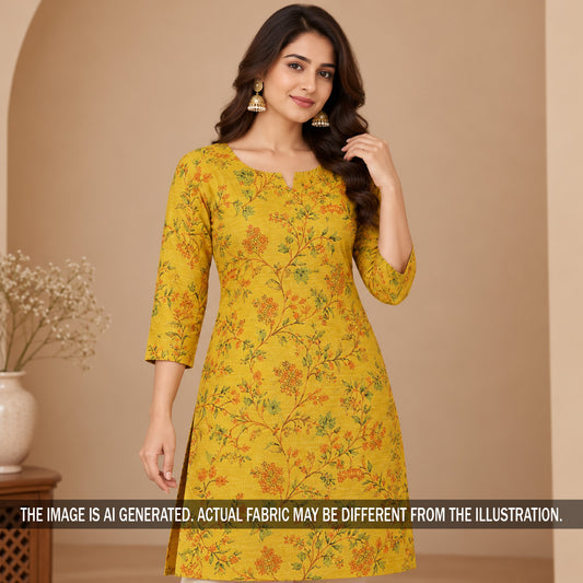 Yellow printed Pure Monga silk kurti styled on model