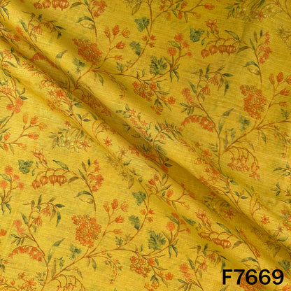 Draped yellow Pure Monga silk fabric with elegant floral vine print