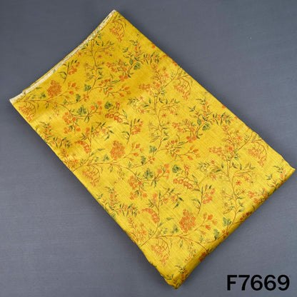 Yellow Pure Monga silk fabric with delicate floral vine print
