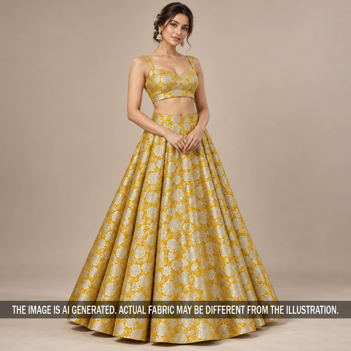 Yellow Banarasi brocade lehenga styled on model
