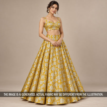 Yellow Banarasi brocade lehenga styled on model