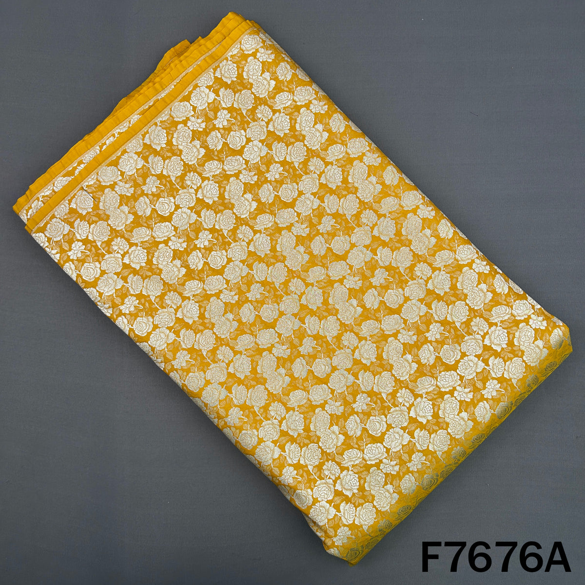 Yellow Banarasi brocade fabric with silver rose motifs