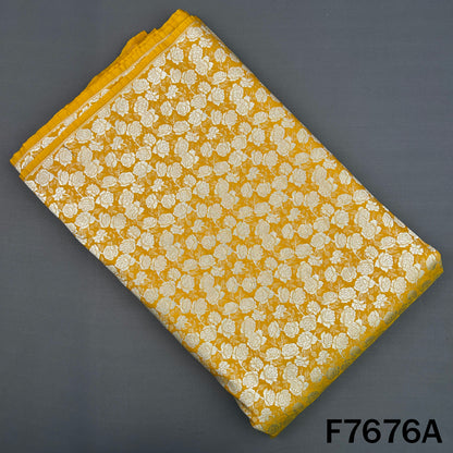 Yellow Banarasi brocade fabric with silver rose motifs
