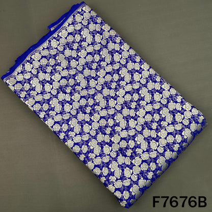 Royal blue Banarasi brocade with silver floral motifs