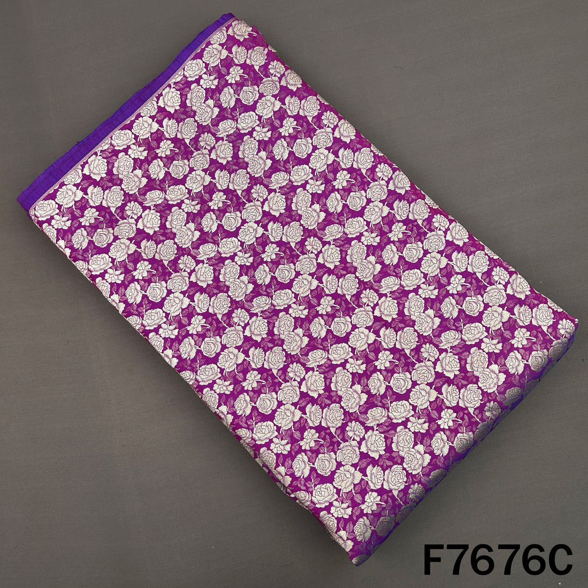 Purple Banarasi brocade fabric with silver rose motifs