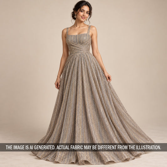Beige pleated foil Lycra gown styled on model