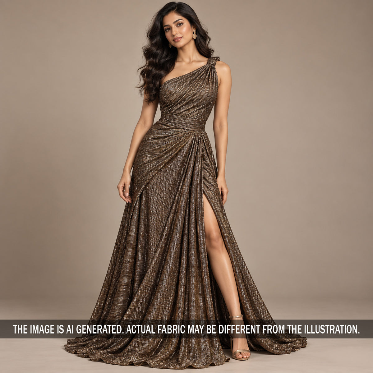 Bronze pleated shimmer Lycra gown styled on model