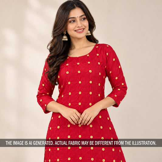 Red Bandhani print modal satin suit on model