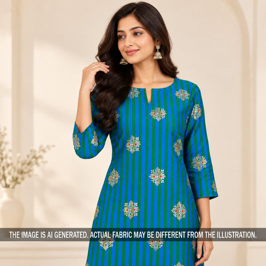 Teal blue striped Banarasi silk kurti on model