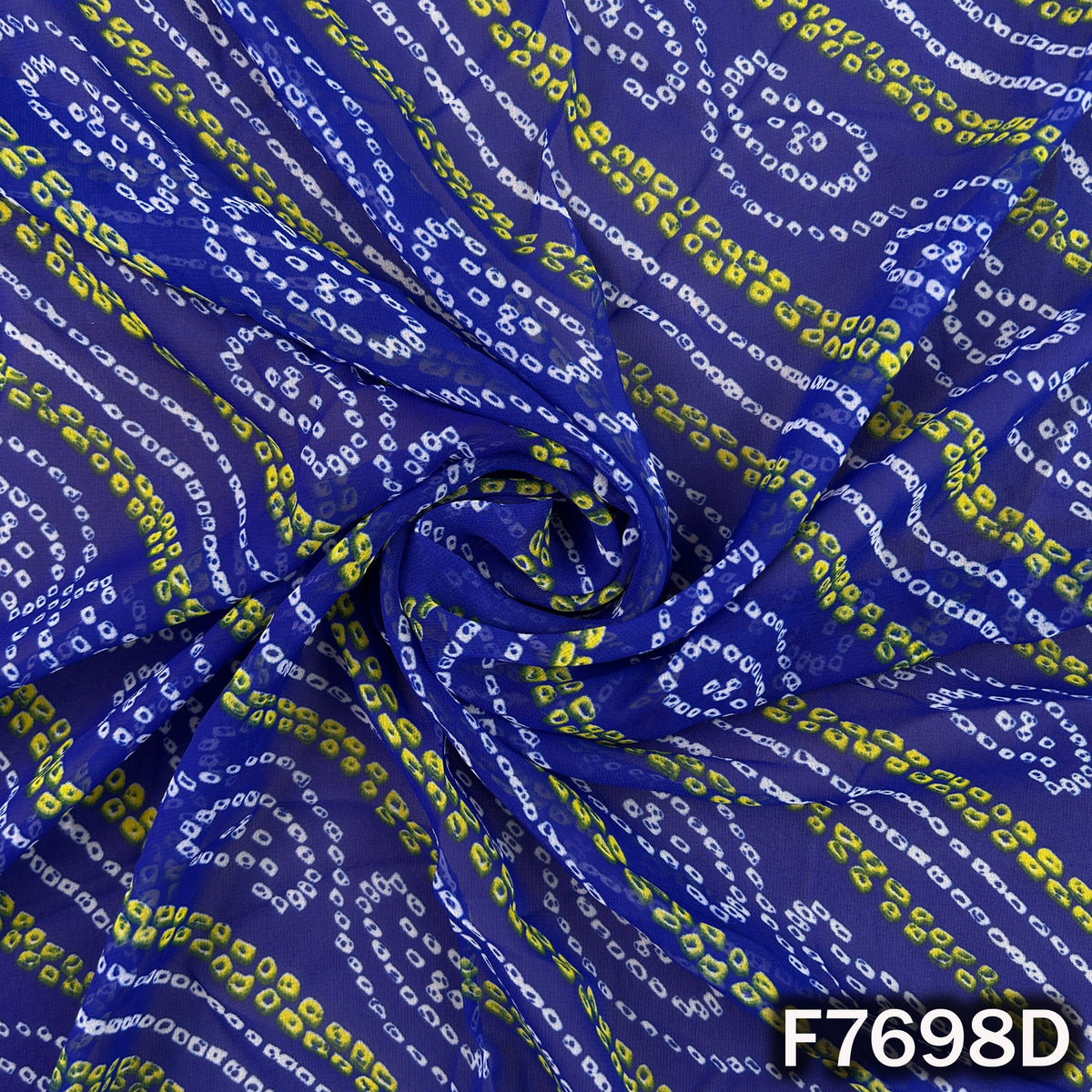 Draped royal blue georgette with yellow Bandhani motifs