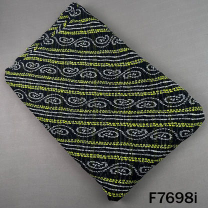 Black georgette fabric with yellow Bandhani paisley stripes