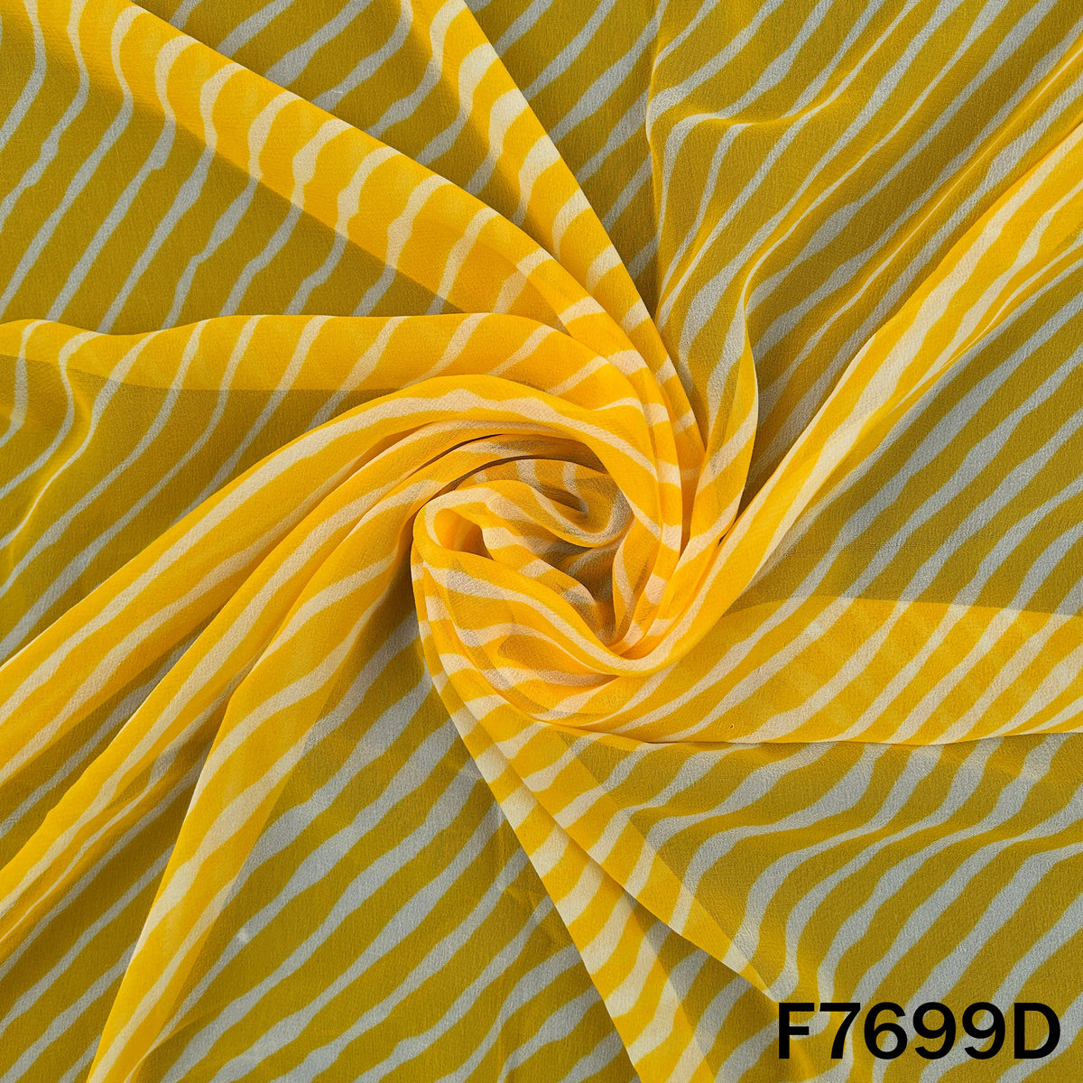 Draped yellow Laheriya georgette with flowing white stripes
