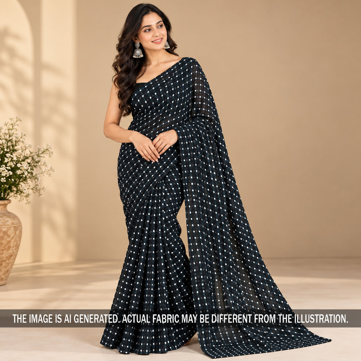 Black Laheriya georgette saree styled on model