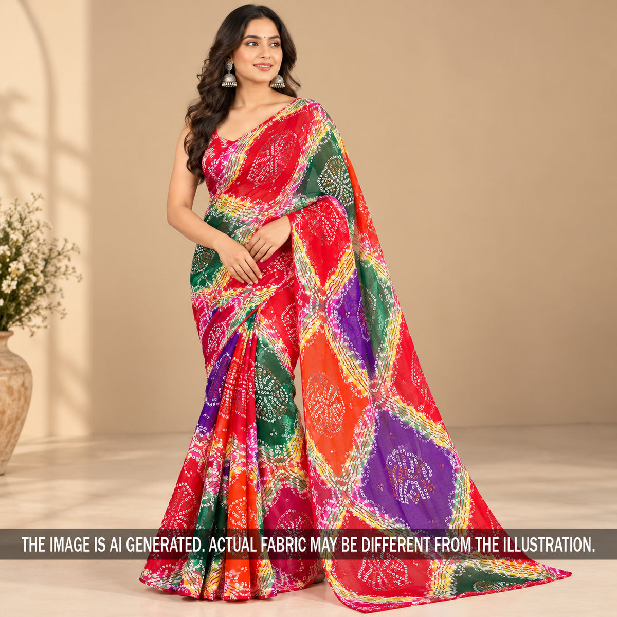 Multicolor Bandhani print georgette saree on model