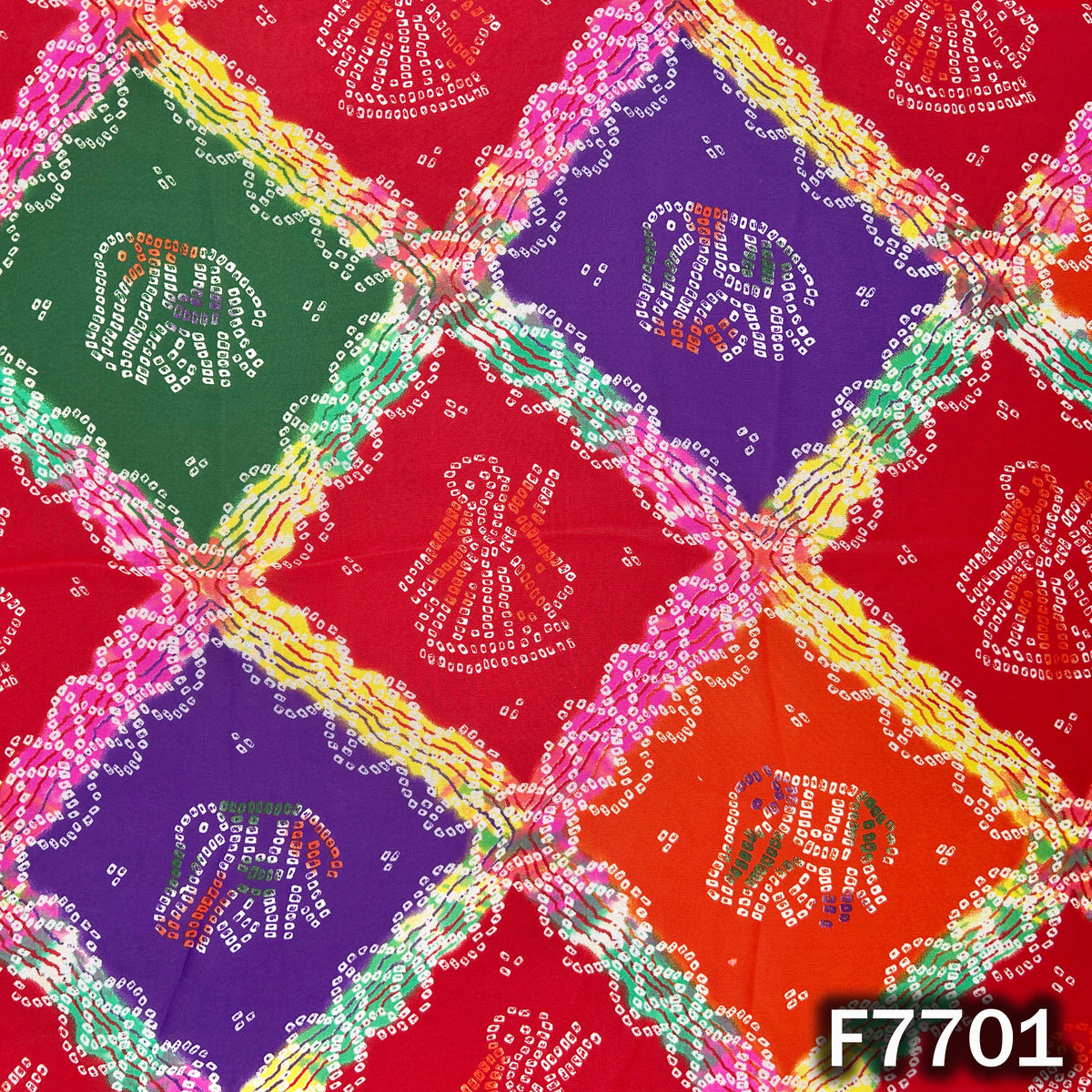 Red georgette fabric with colorful Bandhani diamond motifs