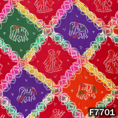 Red georgette fabric with colorful Bandhani diamond motifs