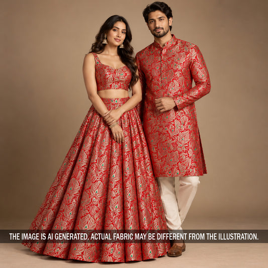 Red Banarasi silk lehenga and kurta on models