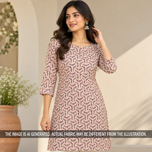 Blush pink geometric printed spun kurti on model