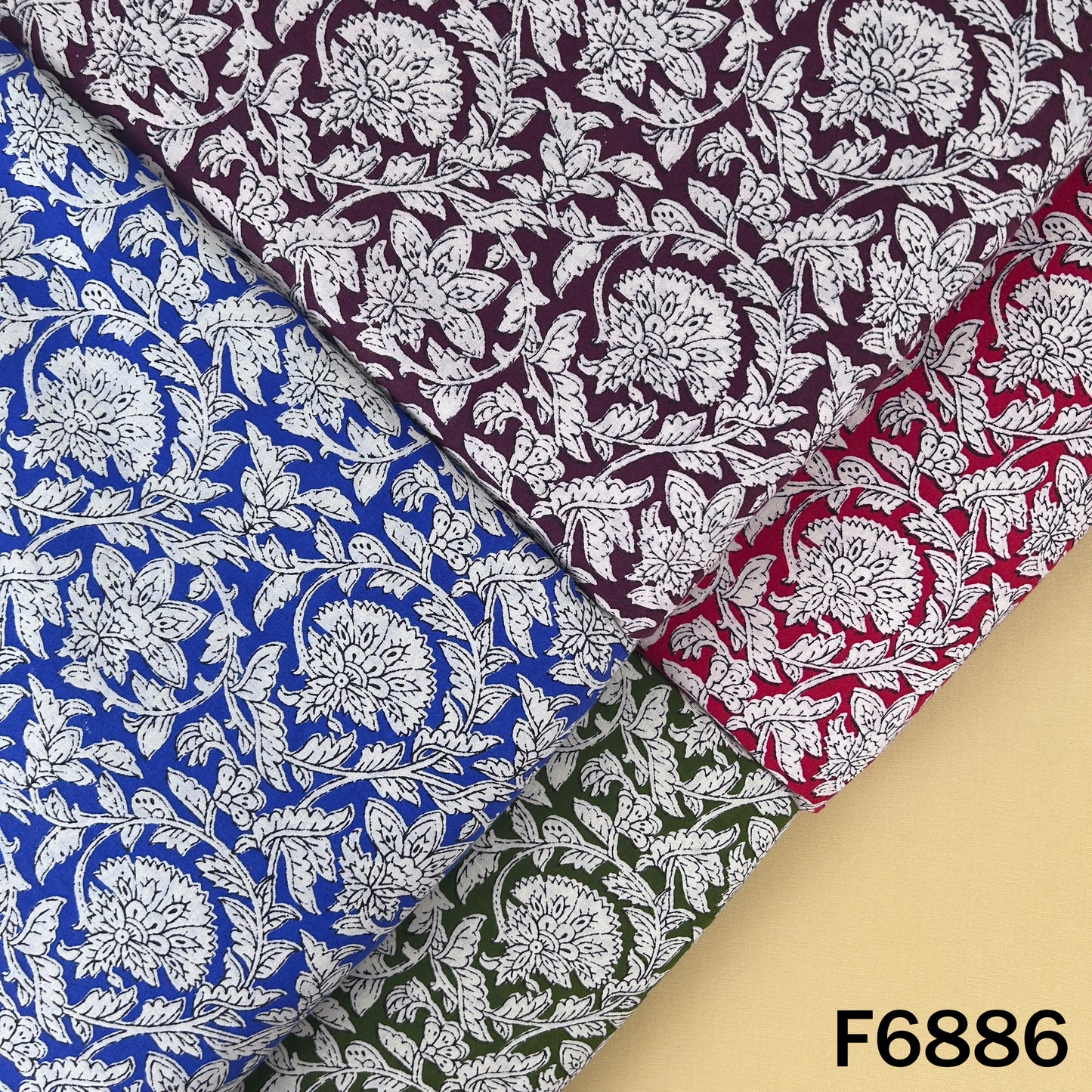 Multicolor floral print cotton fabric F6886 arranged in blue, red, green and deep wine color options