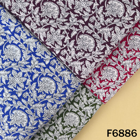 Multicolor floral print cotton fabric F6886 arranged in blue, red, green and deep wine color options