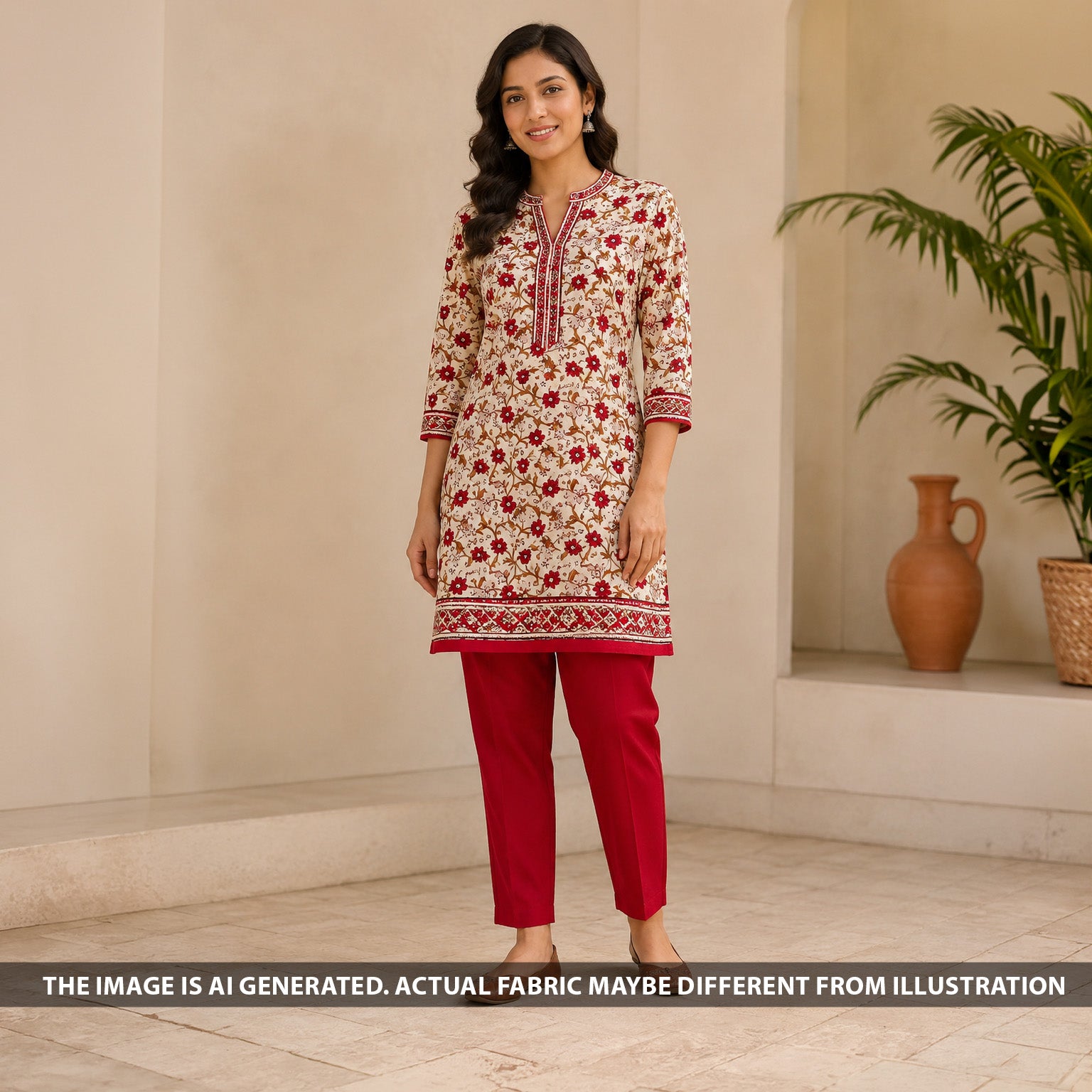 Indian model wearing floral print cotton kurti made from F6880 fabric