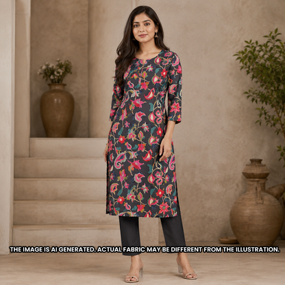 Indian model wearing a straight kurti dress tailored from multicolor printed rayon fabric F6946