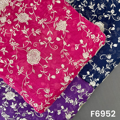 Mul Chanderi fabric F6952 showcased in fuchsia, navy and purple with cream floral thread embroidery