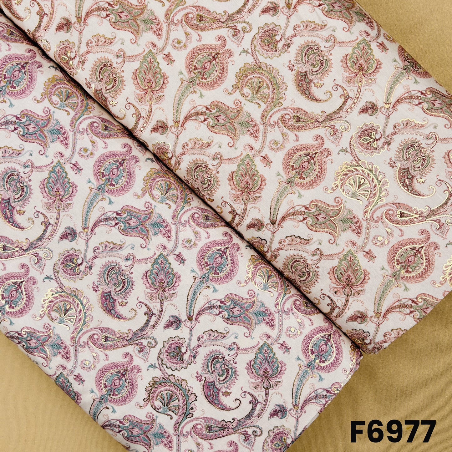 Semi silk fabric F6977 with elegant paisley floral foil print on a soft ivory base