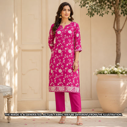 Indian woman dressed in a fuchsia kurti made with embroidered Mul Chanderi design F6952