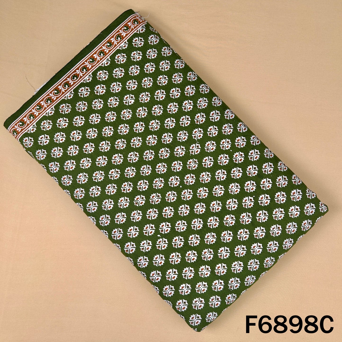 Green block print cotton fabric F6898C designed with traditional motif repeats for daily ethnic wear