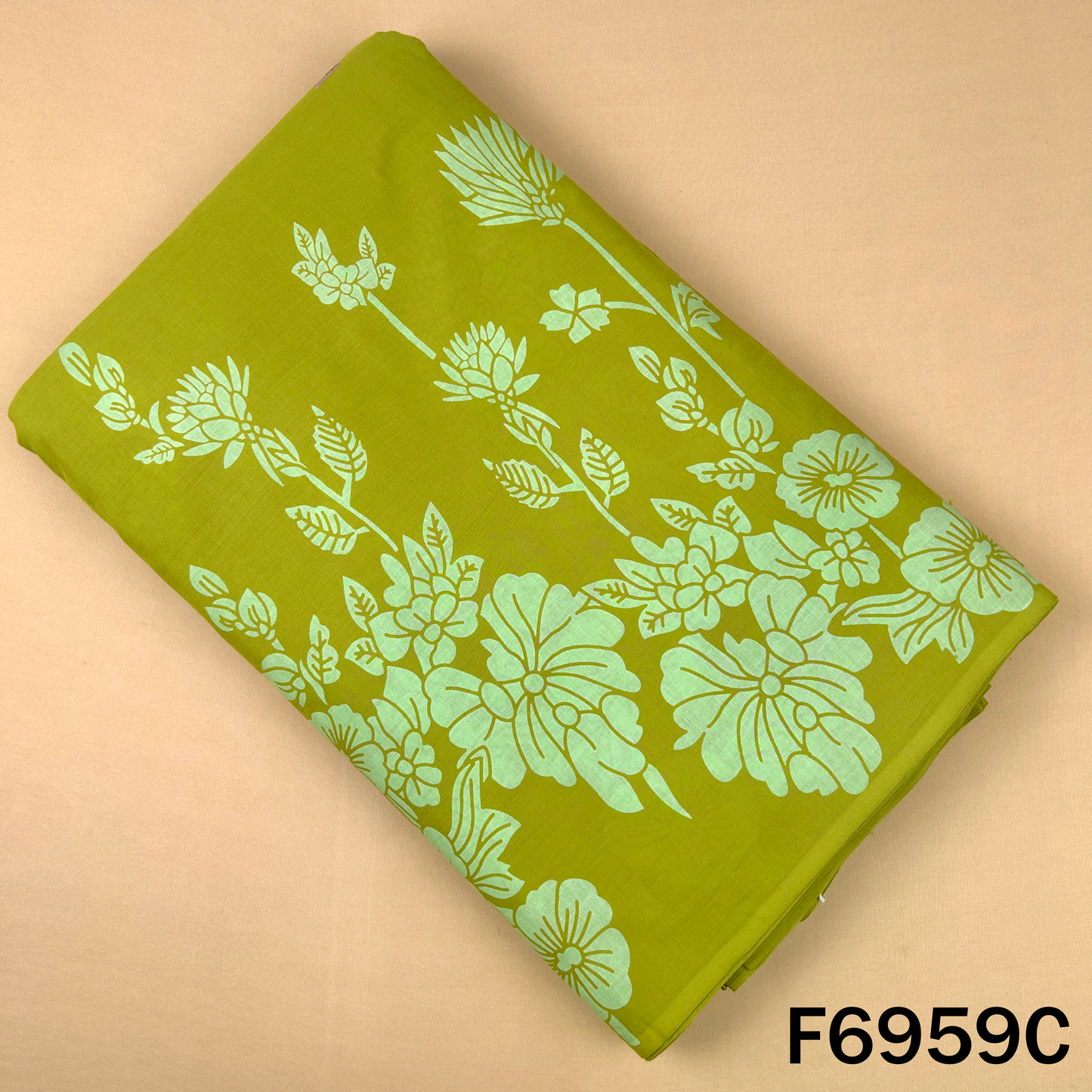 Green cotton fabric F6959C decorated with white floral print for fresh everyday ethnic styling