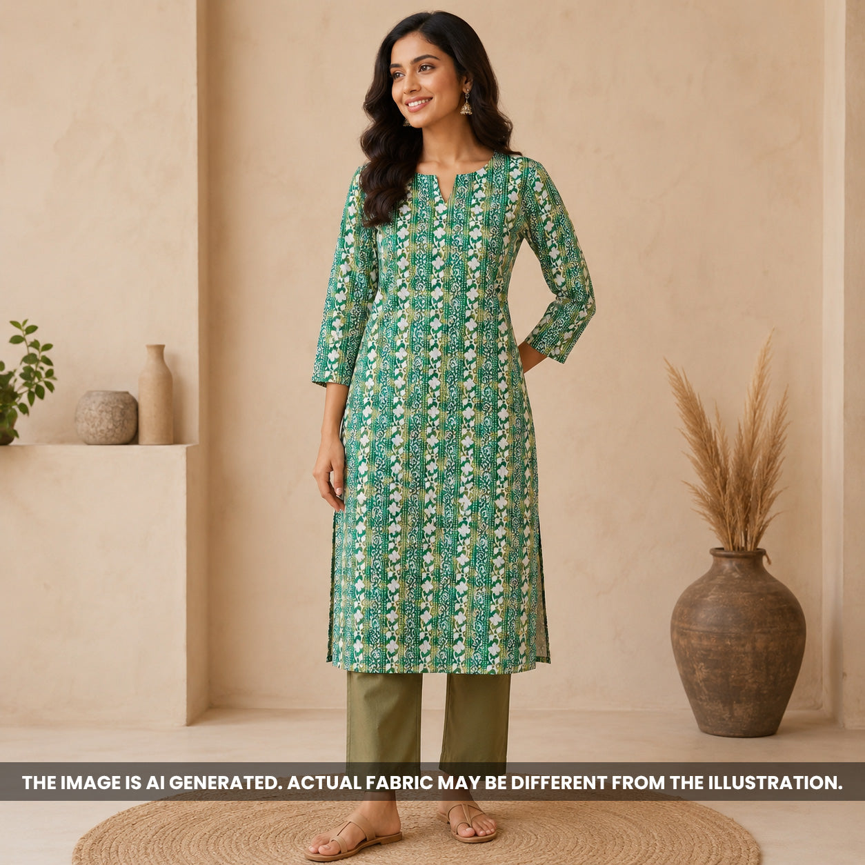 Indian woman wearing a green kurti made from Printed Thread Sequins Work Semi Silk fabric F6980