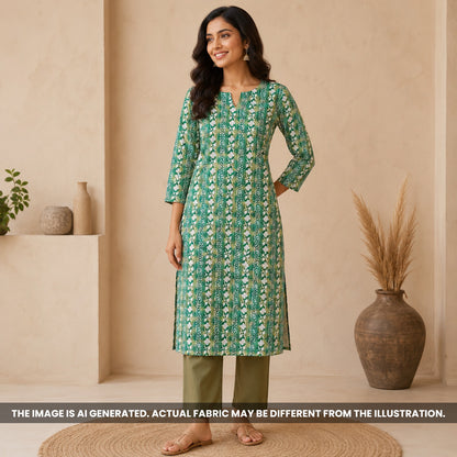 Indian woman wearing a green kurti made from Printed Thread Sequins Work Semi Silk fabric F6980