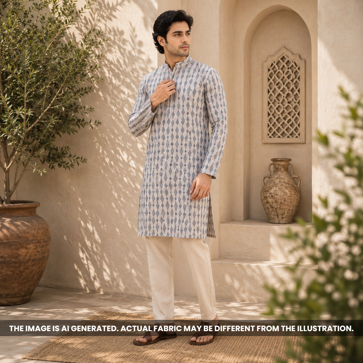 Indian male model wearing a grey geometric kurta made from breathable Semi Linen fabric 