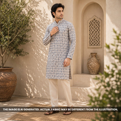 Indian male model wearing a grey geometric kurta made from breathable Semi Linen fabric 