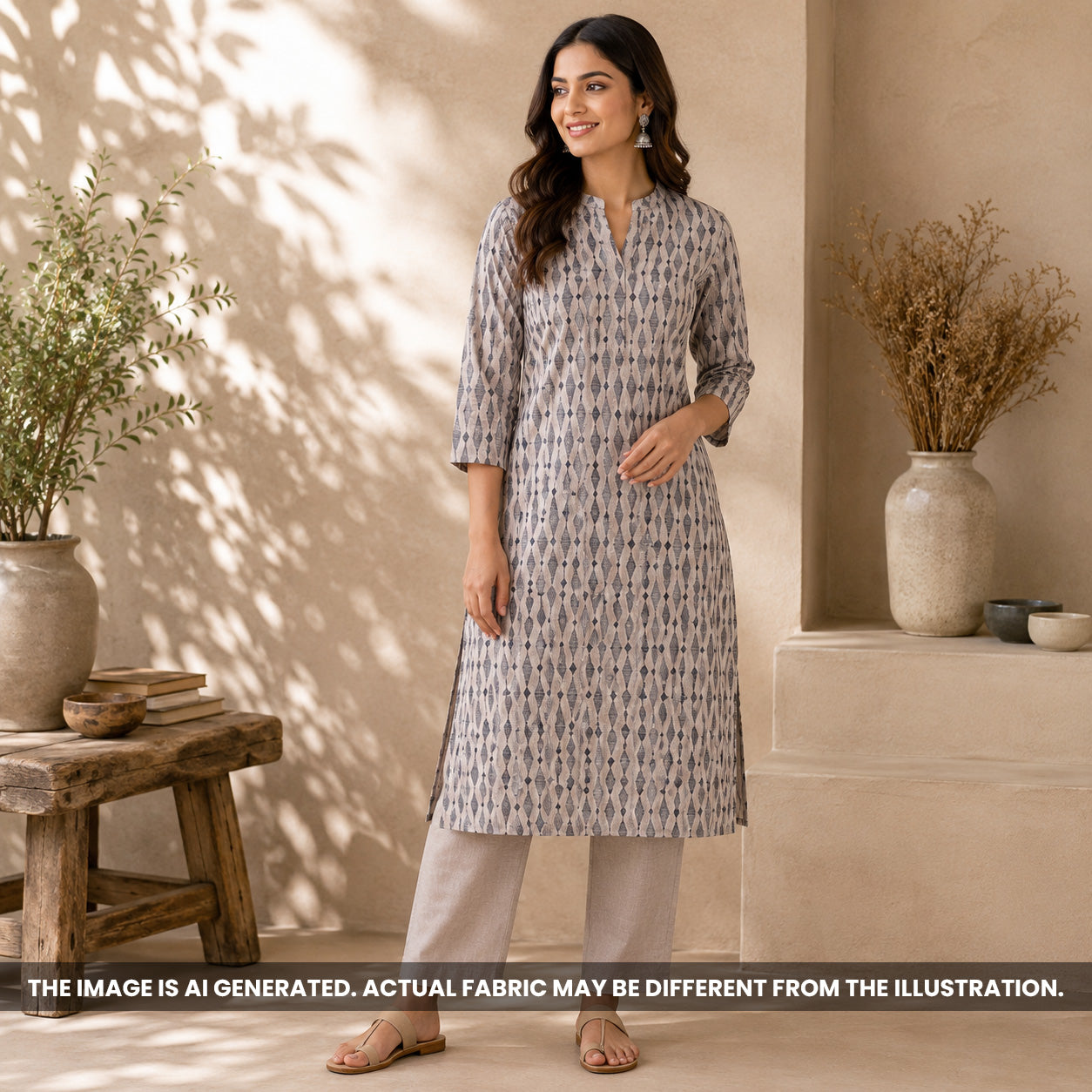 Indian woman styled in a grey printed kurti crafted from modern Semi Linen fabric F6975