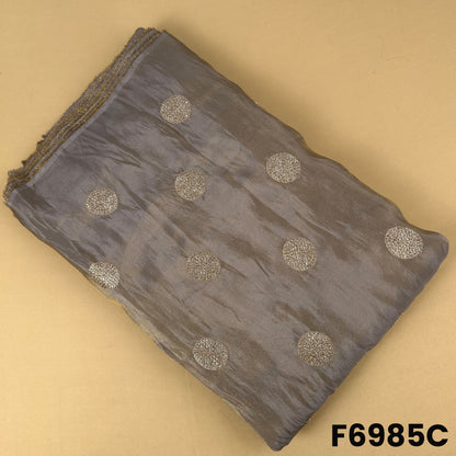 Grey shimmer tissue fabric F6985C with refined zari circle motifs on a soft metallic base