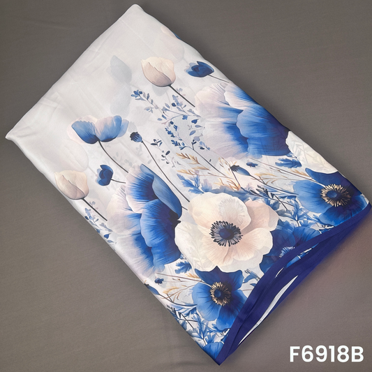 F6918B ivory Crepe Satin fabric designed with blue floral motifs for coordinated ethnic outfits