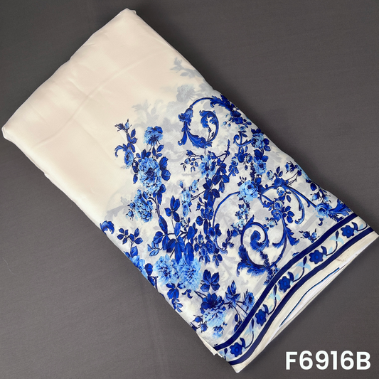 F6916B ivory Crepe Satin fabric designed with blue botanical print for coordinated outfits