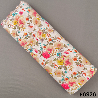 Ivory foil print rayon fabric F6926 featuring bright floral artwork in pink, orange, teal, yellow and sage tones