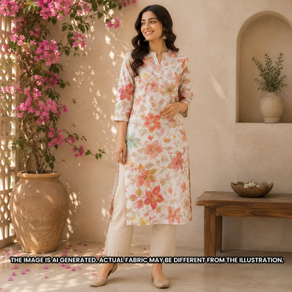 Indian model wearing an ivory floral kurti designed from soft printed rayon fabric F6925