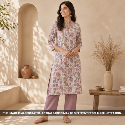 Indian woman wearing an ivory kurti made from Foil Print Semi Silk fabric F6977